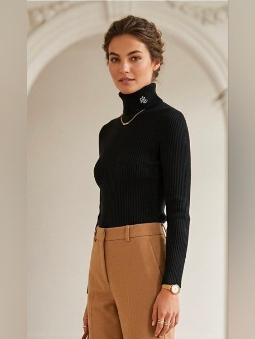 Lauren Ralph Lauren Black Ribbed Turtleneck Sweater Logo Collar Size XS